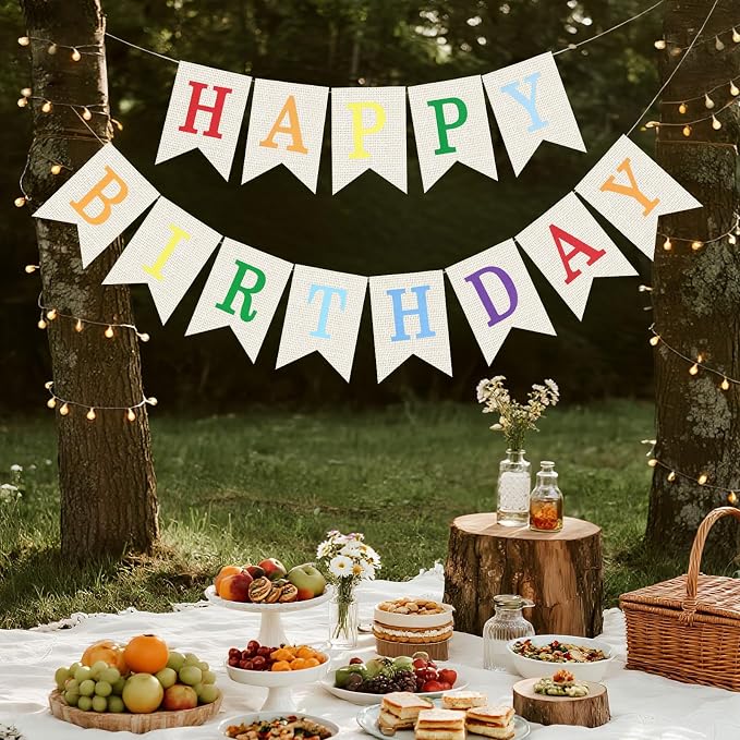 White Burlap Happy Birthday Banner Sign Birthday Garland Wall Door Hanging - Image 6