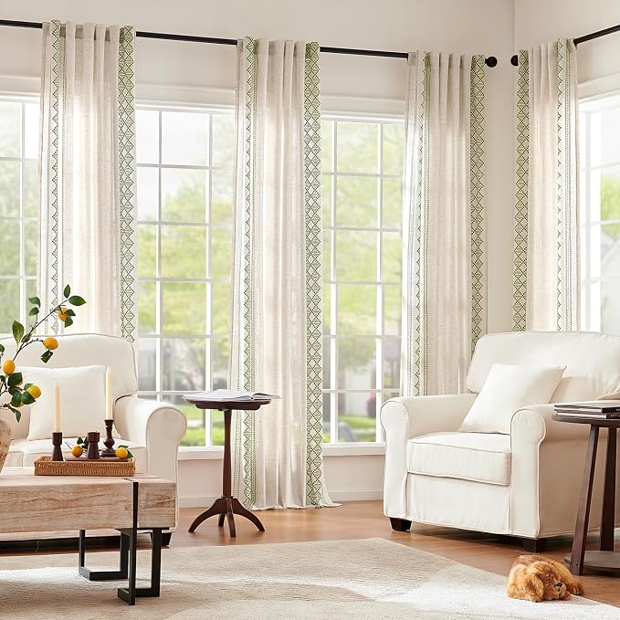 jinchan Floral Linen Curtains Embroidered Back Tab 50x84in 2 Panels Green | - Image 3