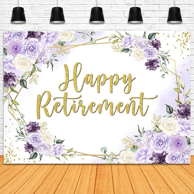 Happy Retirement Backdrop 7x5ft Purple and White Flowers Retirement Party - Image 4