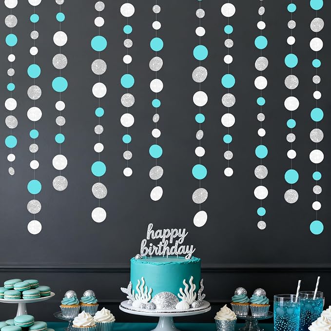 Teal Blue Silver White Party Polka Dot Garland Banner Aqua Turquoise Glitter - Image 4