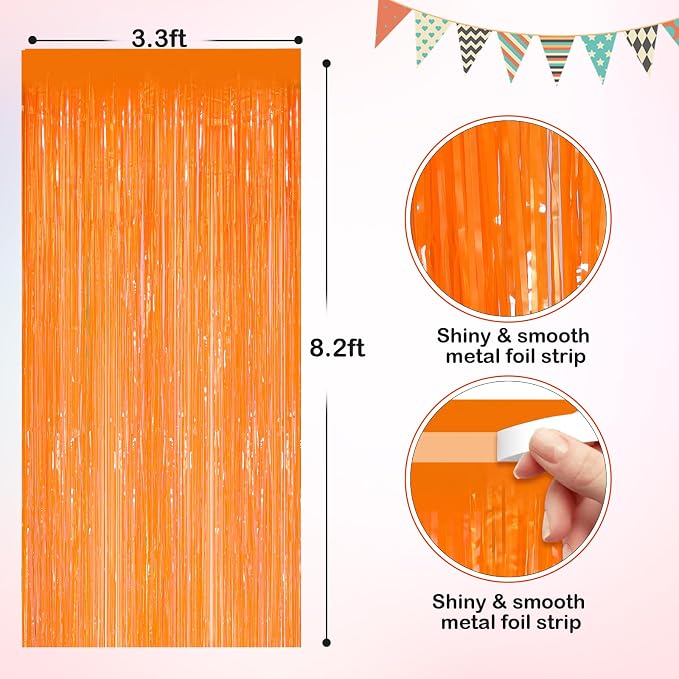 Orange Metallic Tinsel Foil Fringe Curtains, 2 Pack 3.3x8.3 Feet Party Streamer - Image 2