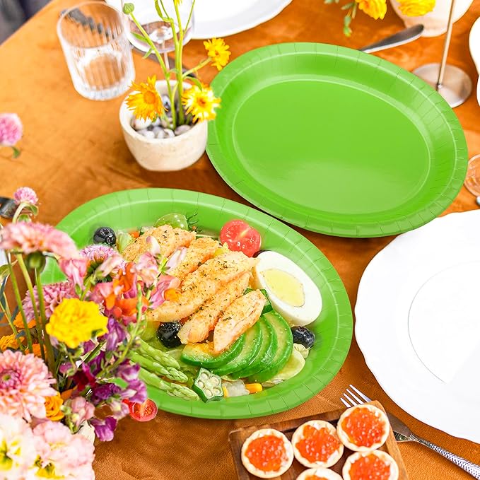 QZYL 50 Pcs Party Decorations, 12.2'' X 10.2'' Oval Large Paper Plates, Lime Green Disposable Paper Plate Heavy Duty Daily Dinner Plates for Birthday Party Wedding Picnic Holiday