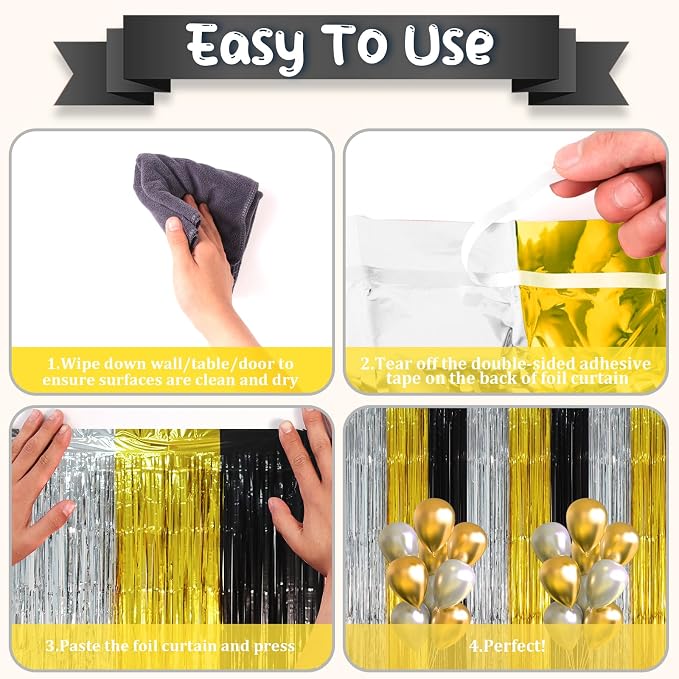 Voircoloria Black Gold Silver Fringe Backdrop Curtains, 2 Pack | Tinsel - Image 3