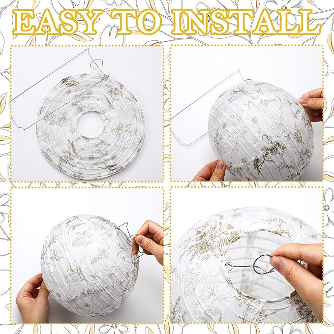 Riakrum 18 Pcs Floral Paper Lantern Set 10" 8" Gold and White Flower Chinese - Image 3
