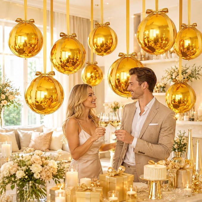 Gold Round Foil Balloons with Satin Bows and Ribbon - Image 6