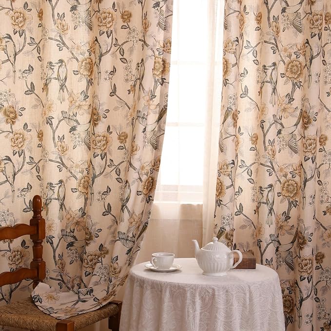 Designer French Linen Printed Curtains, 2 Panels, Bird and Flowers Pattern Draps - Image 2