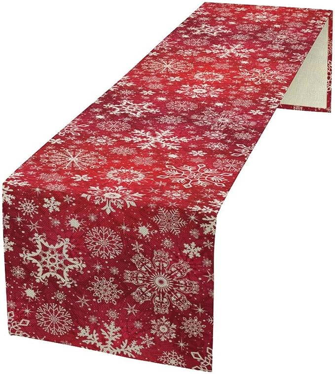 Snowflakes Christmas Table Runner, Winter Holiday Red Table Cloth Kitchen Dining Table Decoration for Home Party Decor 13x90 Inch