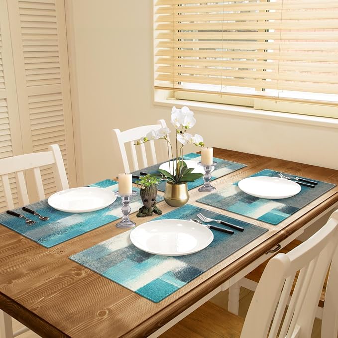 Emvency Farmhouse Placemats Set of 4, 12x18 Inch Modern Teal and Grey Abstract - Image 5