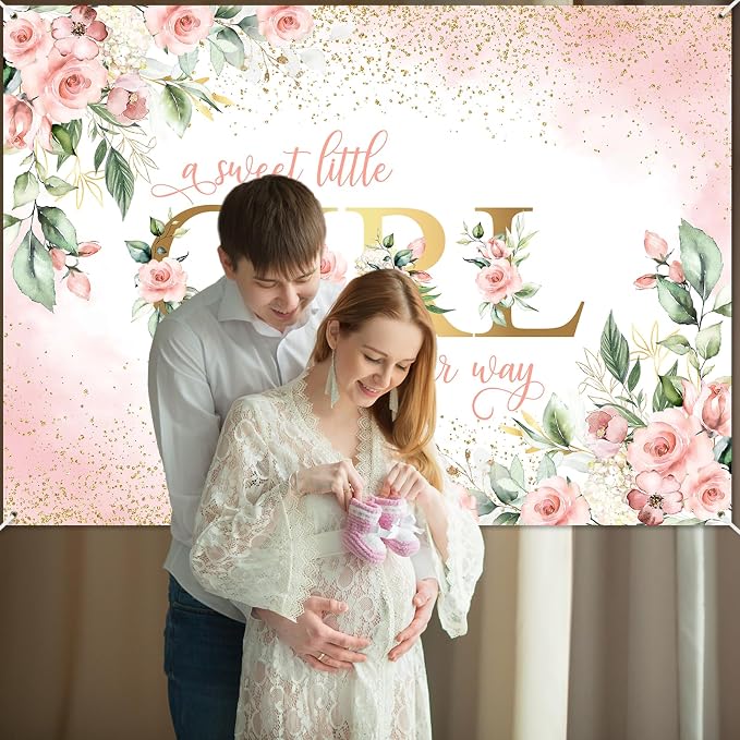 Avezano Girl Baby Shower Backdrop Pink Floral Sweet Baby Baby Shower Banner A - Image 4