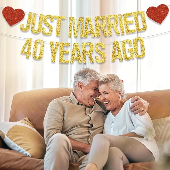 Gold Glitter Just Married 40 Years Ago Banner, NO DIY, Pre-Strung 40th Wedding - Image 4