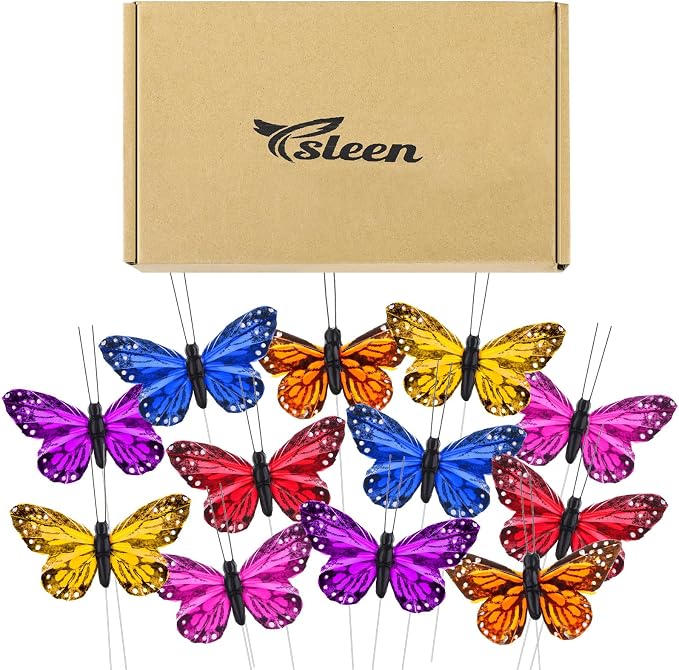 Ysleen 12 Set Monarch Butterfly Decoration Artificial Butterflies Feather Picks by Ysleen