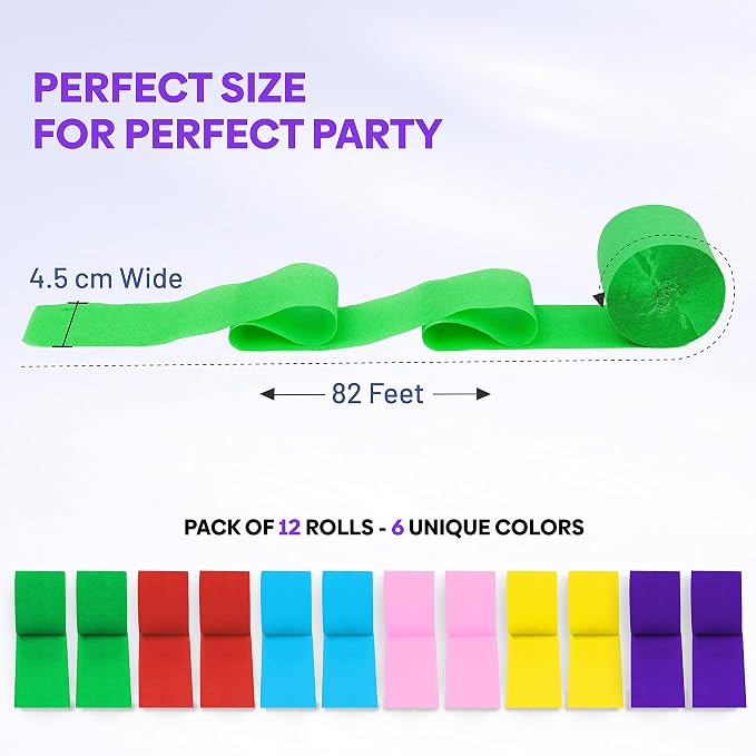 12 Rainbow Streamers, 984ft Pack of Crepe Paper Party Decorations | Each roll - Image 3