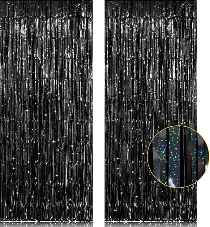2 Pack 3.2ft x 8.2ft Black Tinsel Foil Fringe Curtain, Sparkle Metallic Foil by welcomePIGETALE