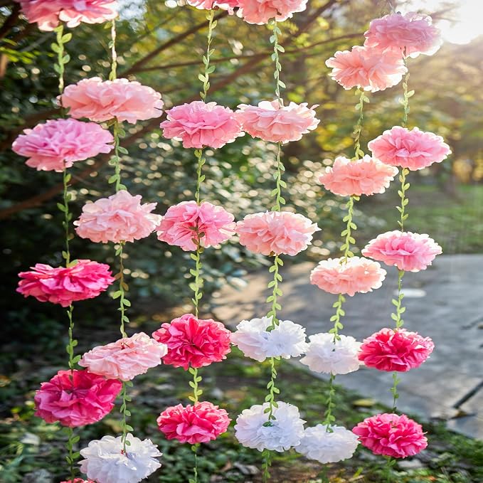 Gradient Pink Tissue Paper Pom Pom Garlands, Paper Flowers - Image 5