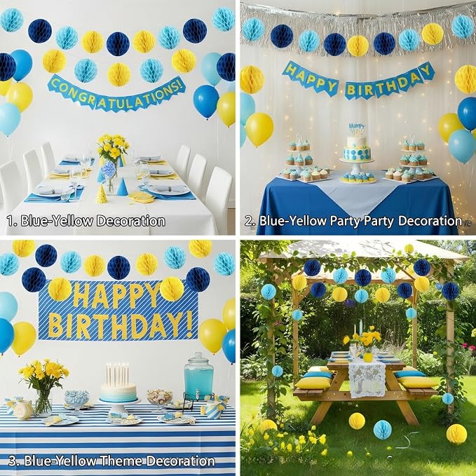 Blue and Yellow Paper Honeycomb Balls, 12 Pack Hanging Tissue Pom poms - Image 3