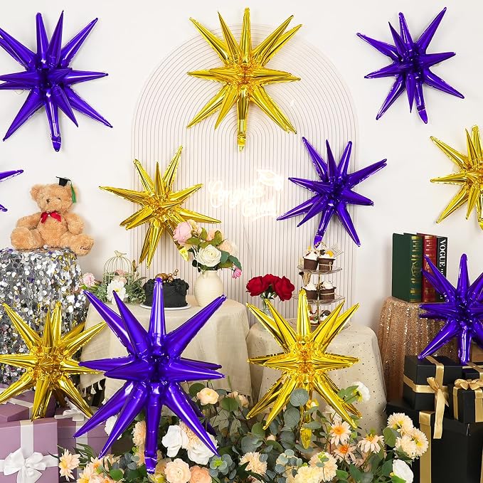 9Pcs Purple and Gold Star Balloons, Large Explosion Foil Balloons, Metallic - Image 5