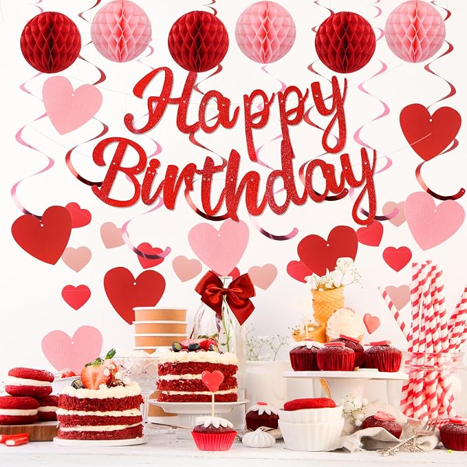 YEOCU Birthday Decorations, No DIY Pre-Strung Happy Birthday Banner | Red Heart - Image 2