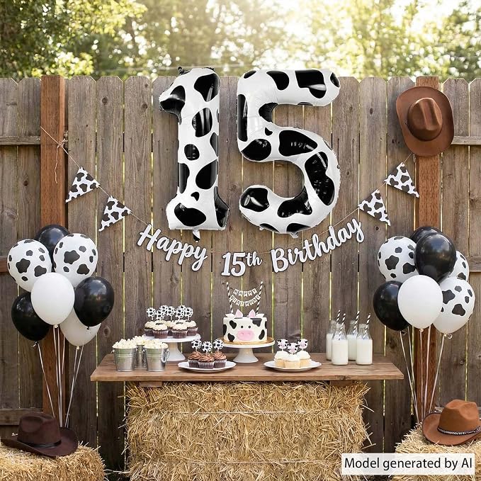 40 Inch Cow Print Number 15 Balloon Set, Giant Black and White Foil 1 and 5 - Image 2