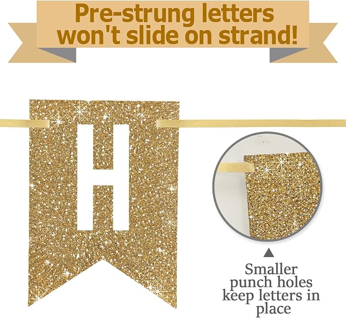 Netnology Pre-Strung Gold Glitter 70th Happy Birthday Banner Decorations | 12 - Image 3