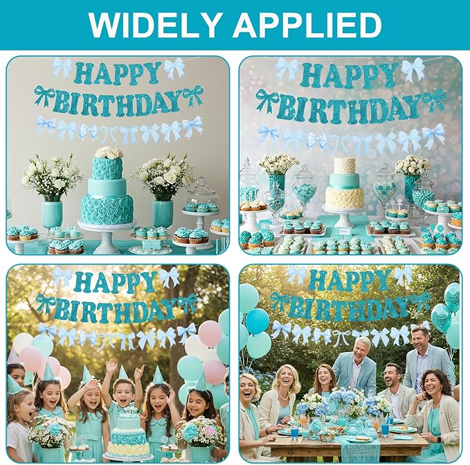 Glitter Lake Blue Bow Happy Birthday Banner Pre-Strung Happy Birthday - Image 7