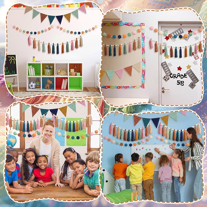 4 Pcs Boho Tassel Garland, 33 Inch Rainbow Pompom Party Decor, Classic | Boho - Image 5