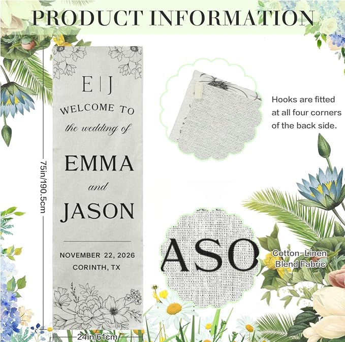 Elegant Wedding Welcome Cotton Linen Tapestry Banner, Custom Names & Date - Image 3