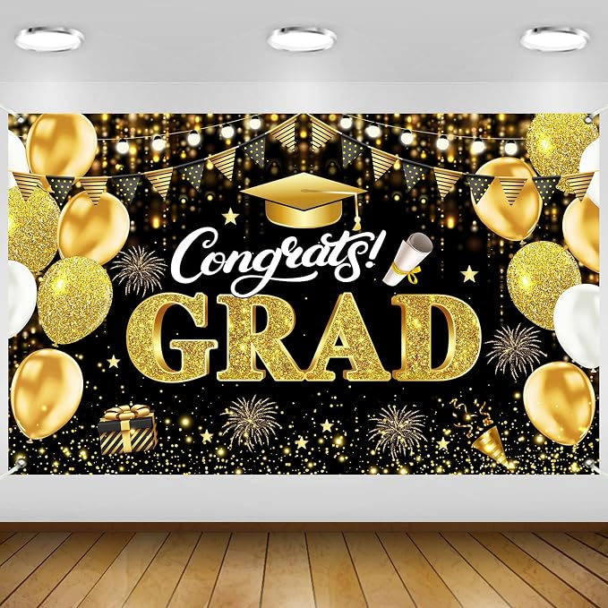 Black Gold Graduation Banner Backdrop 2026 5.9x3.6ft Congrats Grad Banner by Retyshiaphoto