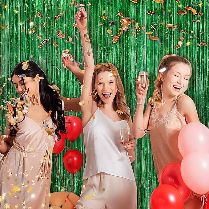 Green Metallic Tinsel Foil Fringe Curtains, 2 Pack 3.3x8.3 Feet Party Streamer - Image 6
