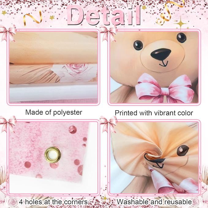 Pink Bear Baby Shower Backdrop 7x5 ft We Can Bearly Wait Banner - Image 3