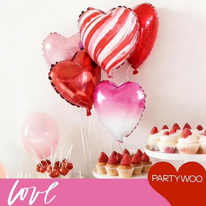 PartyWoo Pink Red Hot Red Pink Mylar Heart Foil 15pcs Balloons 18 Inch | - Image 2