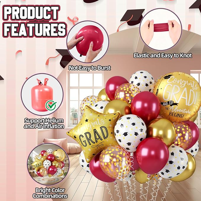 Red Gold Graduation Balloons, Graduation Round Star Balloons Foil, Congrats - Image 3