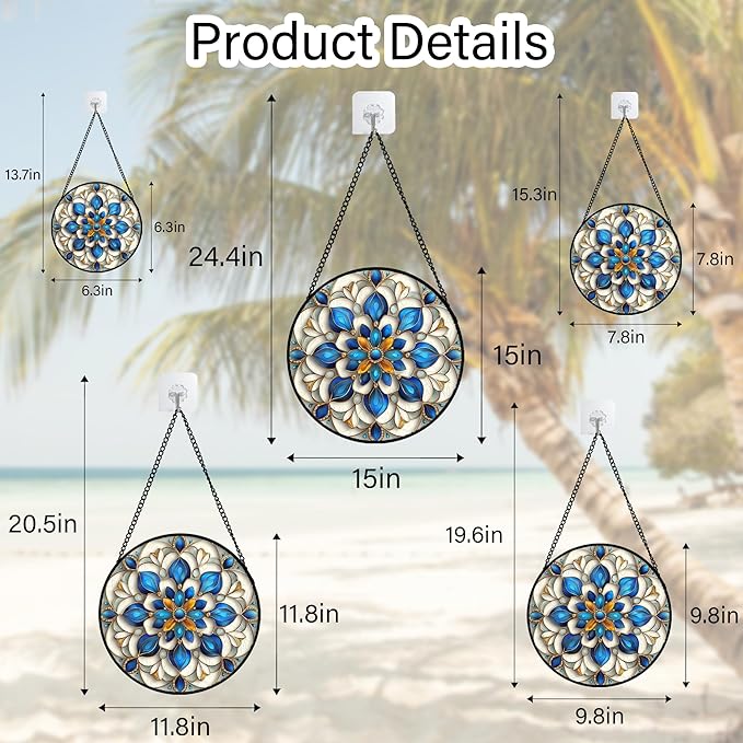 Stained Glass Window Hanging - Blue and White Abstract Flowers Suncatcher for Door Terrace Garden Home Decor, Gold Sun Catcher Birthday Gifts for Lovers Women Men Dad Mom Nana 6.3 in