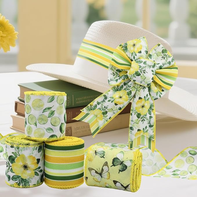 4 Rolls Floral Wired Edge Ribbon – Spring Summer Yellow Grosgrain - Image 5