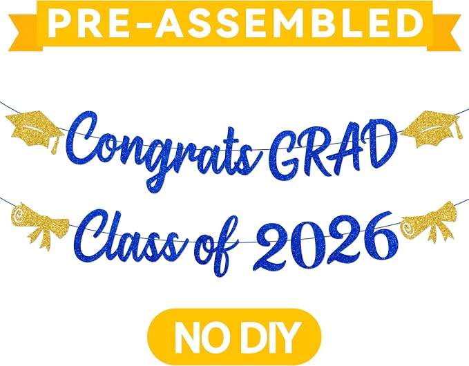 Blue and Gold Graduation Decorations Banner 2026, Glitter Blue and Gold Class - Image 7