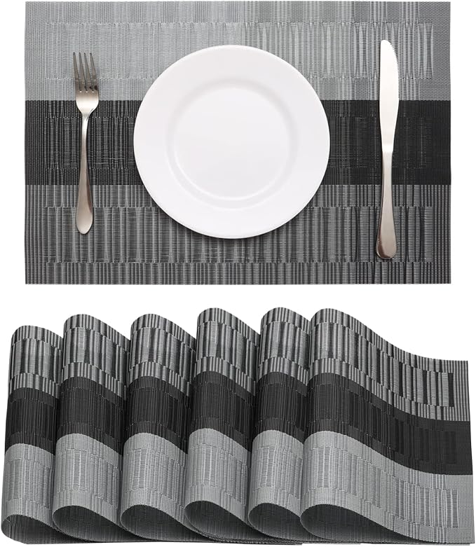 HeloHo Black Placemats Set of 6 Washable Place Mats Vinyl Woven Table Mats by HeloHo
