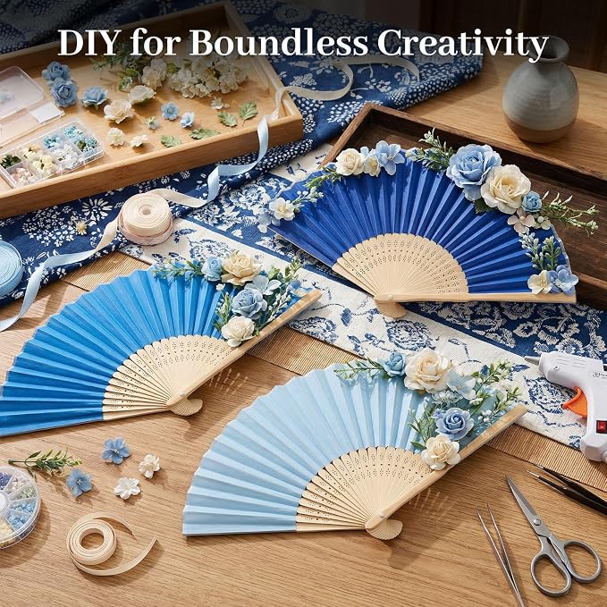 JOHOUSE 12 PCS Blue Paper Foldable Hand Fans, 8.3 Inch Handheld Portable | - Image 5
