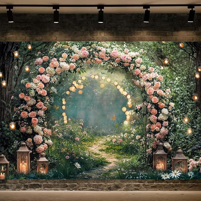 12x10ft Enchanted Forest Wedding Photography Backdrop Wonderland Roses Fairy Tale Backdrop Pink Flower Birthday Newborn Baby Shower Wedding Bridal Party Banner Photo Booth Props Anniversary Background