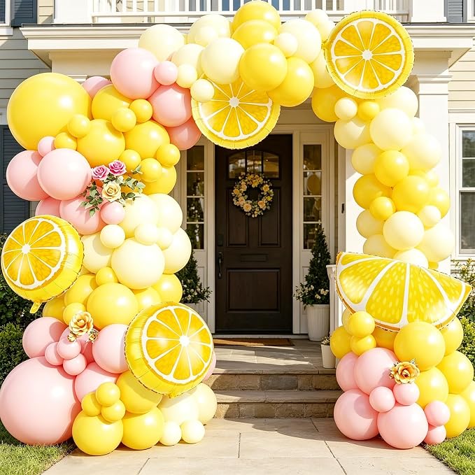 162Pcs Pastel Yellow Light Pink Lemon Balloon Arch Kit, Lemon Foil Balloons - Image 7