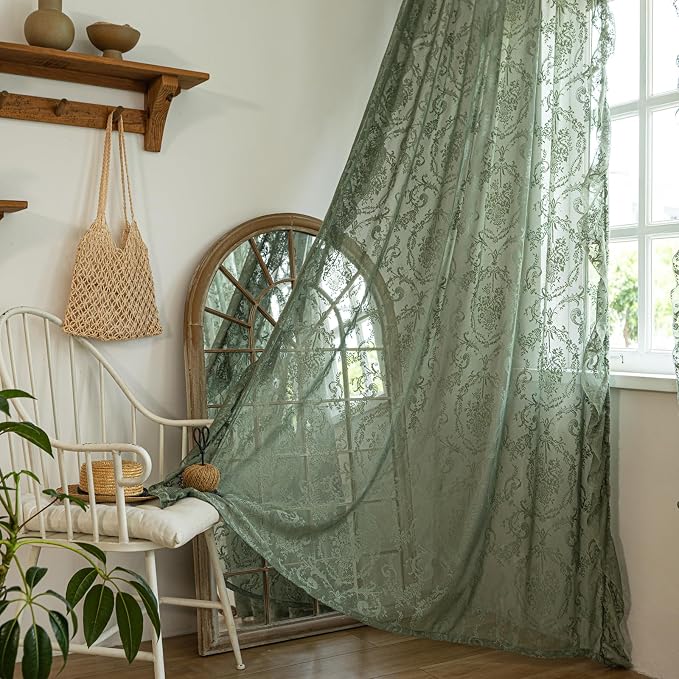 Deeprove Olive Green Boho Sheer Lace Ruffled Curtains 2 Panels Crochet 84 Inch - Image 2