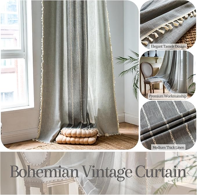 Sutuo Home Boho Curtains for Kitchen Nursery Room, Semi Blackout Linen - Image 2
