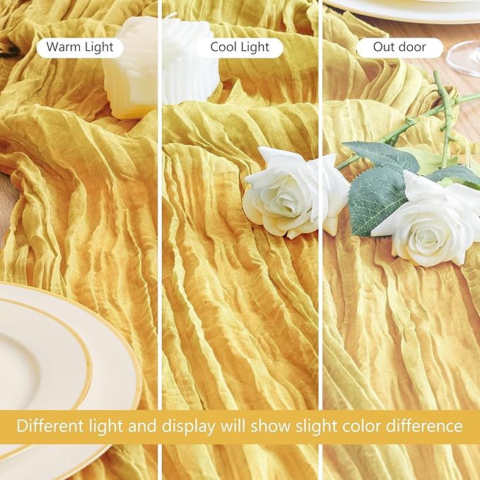 Asee'm Cheesecloth Table Runner 120 Inches Long Gold Boho Gauze Cheese Cloth Runner 10FT Rustic Sheer Fall Table Runners for Thanksgiving Christmas Wedding Party Baby Shower Decoration