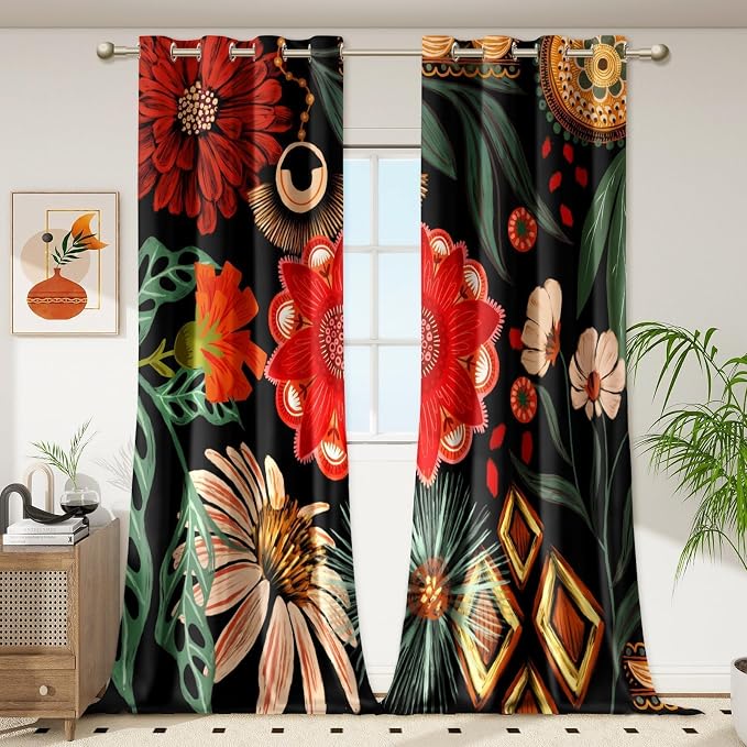 Tyrot 100% Blackout Black Boho Floral Curtains 108 Inch Extra Long by TyrotHomeDecor