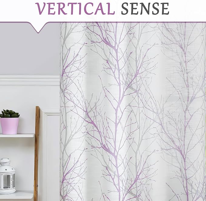 FMFUNCTEX Linen Lilac White Semi Sheer Print Curtains 84 Inch Long 2 Panels | - Image 7