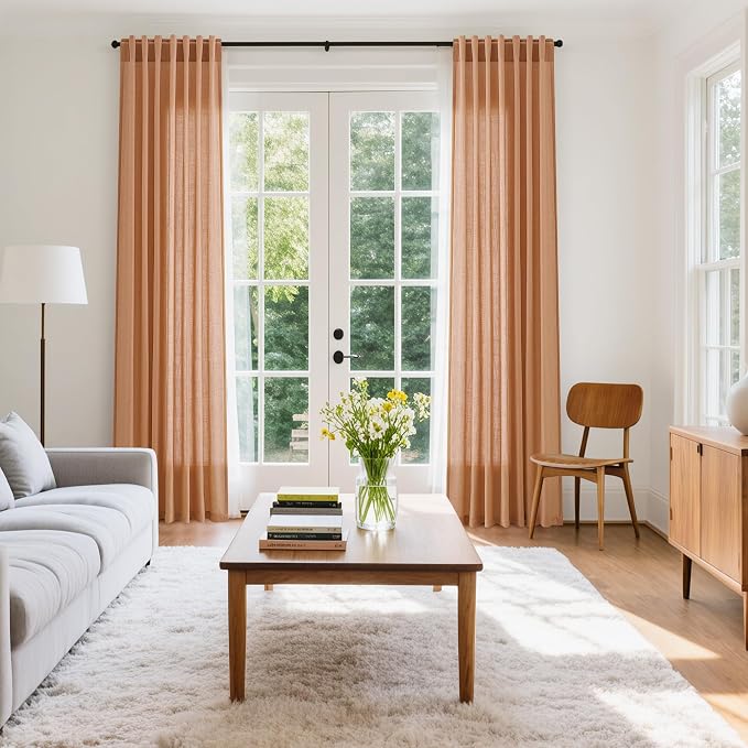 Peach Quartz Linen Curtains 120 Inch Length 2 Panel Set Back Tab Loop Pocket - Image 7