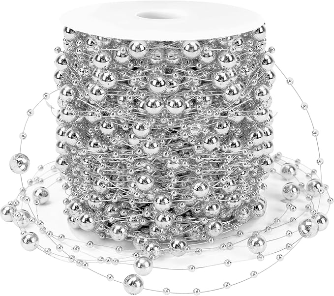 JULBEAR Beads Garland Decoration, 1Rolls 131Feet Silver Christmas Pearl Strands Chain Bead Garland for Christmas Tree Fireplace Wreath Gift Bouquet Crafts Wrapping Party Centerpieces Decoration