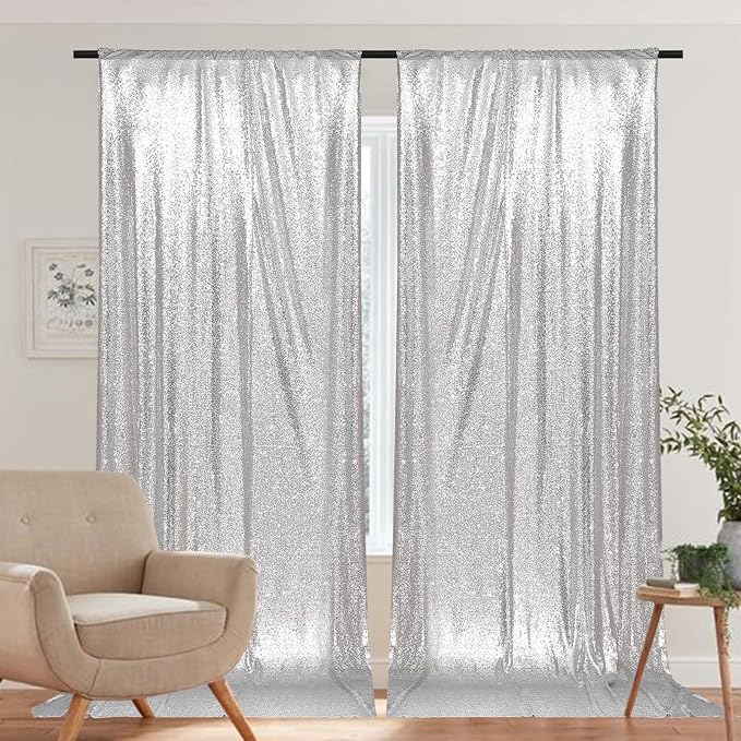 PartyDelight Silver Sequin Backdrop Curtains 5x10ft 2 Sparkly Panels | 4 Inch - Image 8
