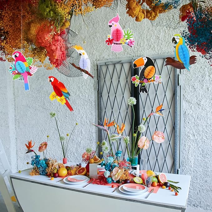 KESOTE Hawaiian Tropical Parrot Bird Honeycomb Hanging Party Decorations | - Image 5