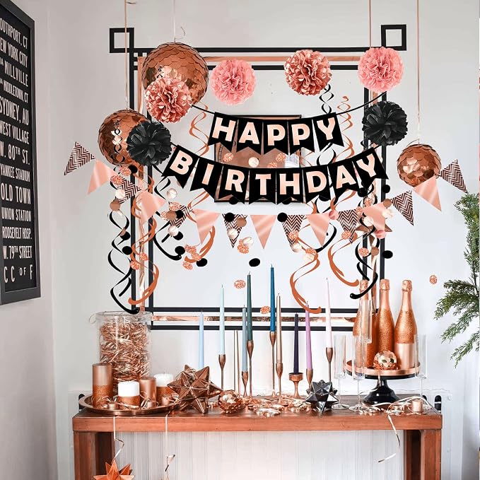 FECEDY Rose Gold Black Theme Happy Birthday Banner Flag Bunting Paper Circle - Image 6