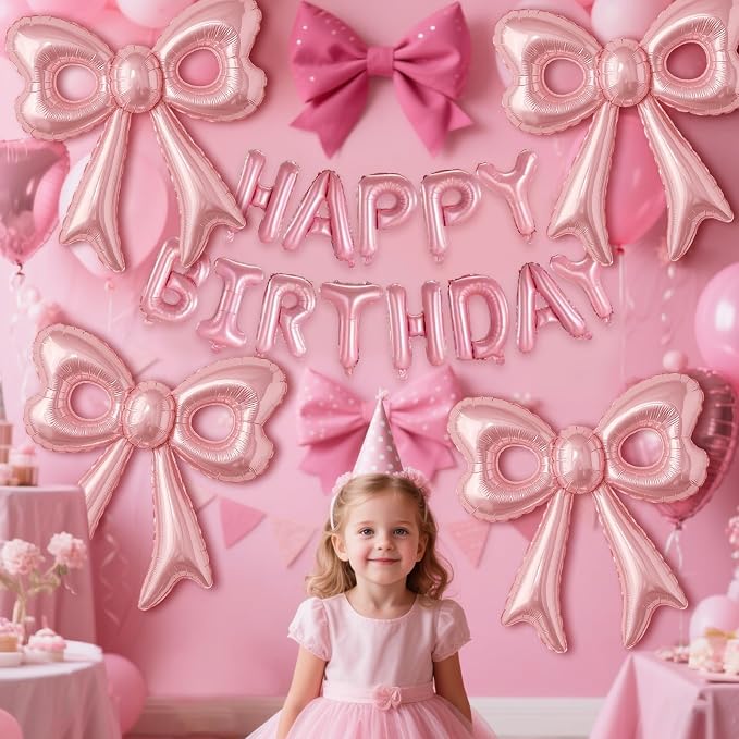Pink Happy Birthday Balloons, 31”Huge Pink Bow Aluminum Foil Balloons - Image 4