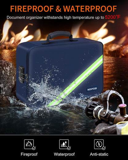 Noiposi Document Organizer with 5200℉ Heat Insulated,16.1"x11.4"x4.3" Waterproof and Fireproof Document Box,Portable Home Travel Safe Storage Box for Important Documents and File,Blue